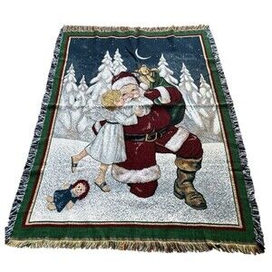 American Weavers Christmas Throw Blanket  Santa Angel Tapestry Fringe USA 60x48"